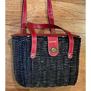 Braciano Black Wicker Basket Handbag w/ Red Leather Accents Polka Dot Lining